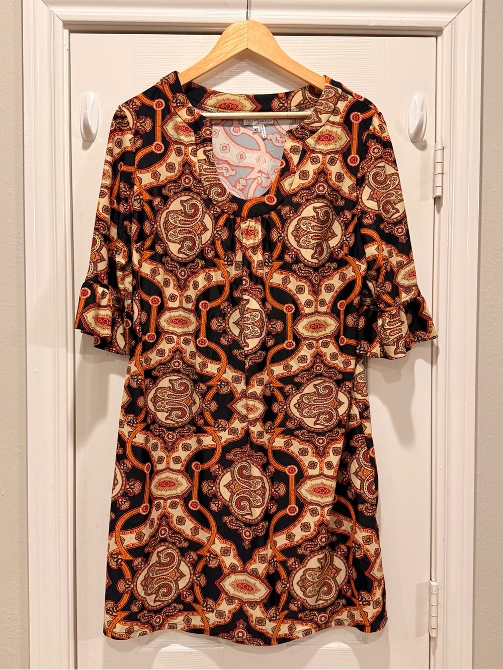Jude Connally Ona Orange Black Tan Arch Shift Dress 3/4 Sleeves Size XL Comfort